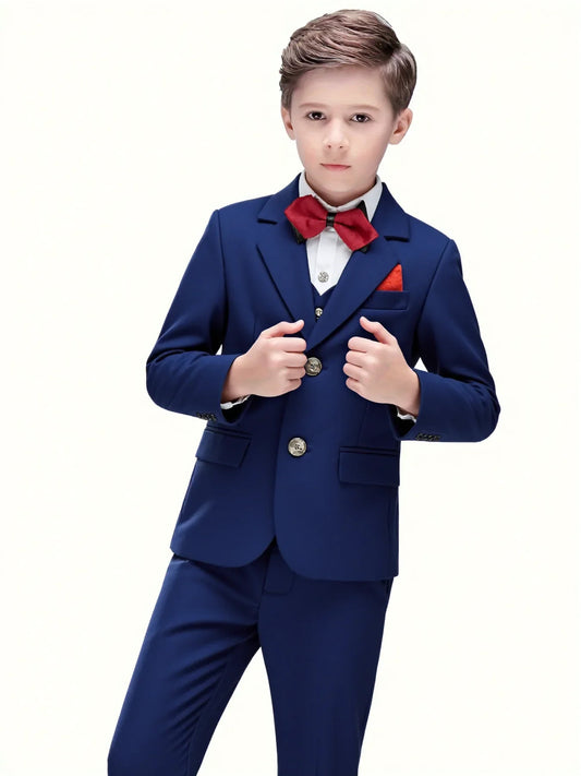Boys 4Pieces Slim Fit Wedding Birthday Party Outfit Suit Set With Blazer Vest Pants Bowtie Kids Piano Host Performance Costume