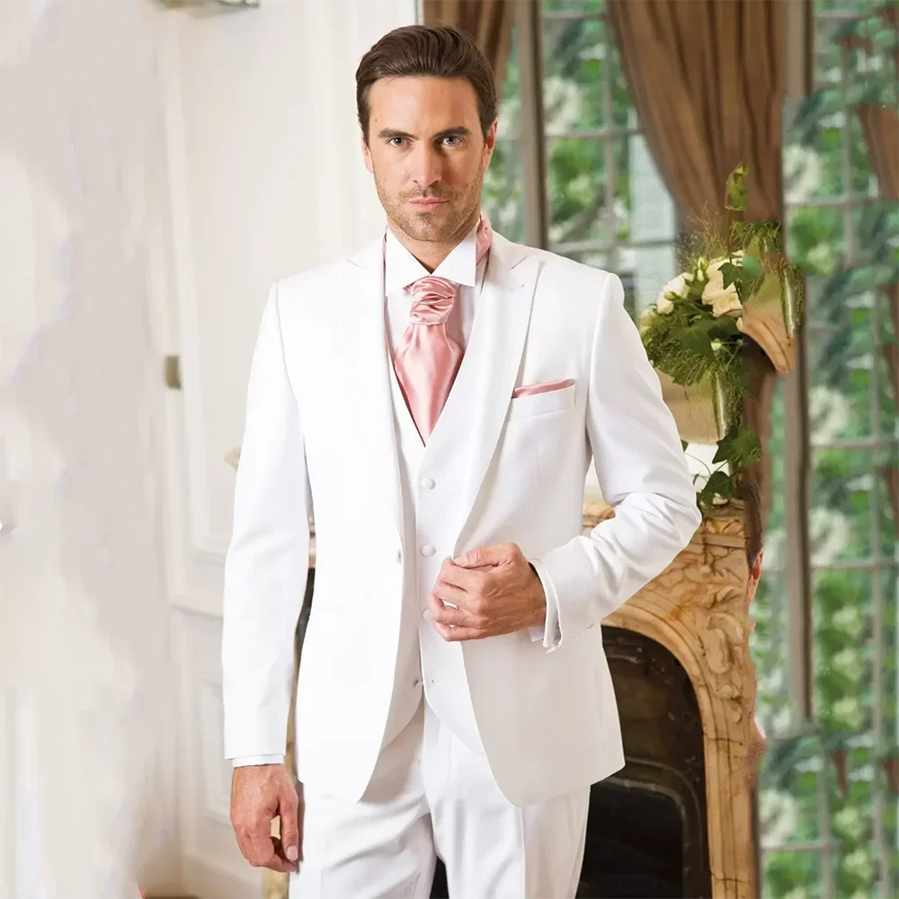 White Men Wedding Suits Business Suits Slim Fit One Button Groom Wear Three Pieces Formal Suit (Jacket+Pants+Vest) Costume Homme