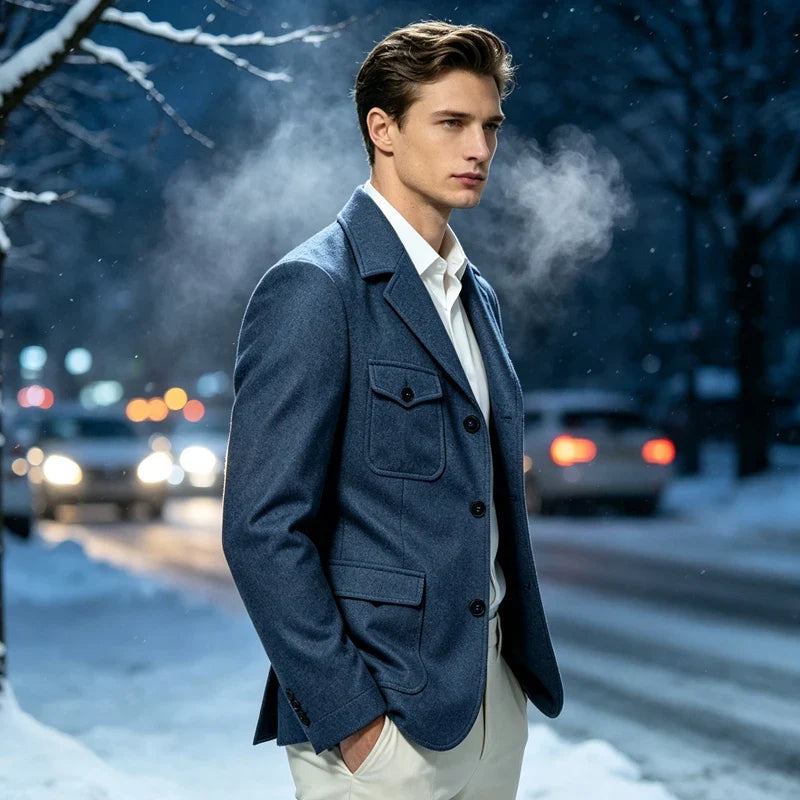 Men's Wool Blazer Notched Lapel Slim Fit 3 Buttons Suit Jacket Multi Pockets Casual Business Autumn Winter Dress Coat Daily Wear