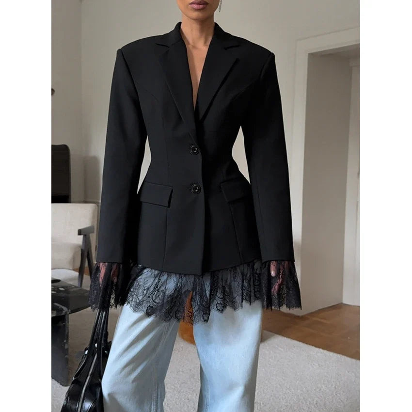 Elegant Black Lace Splice Long Sleeve Women's  Commute Style Fashion Design Polyester Fabric Business Casual Coat