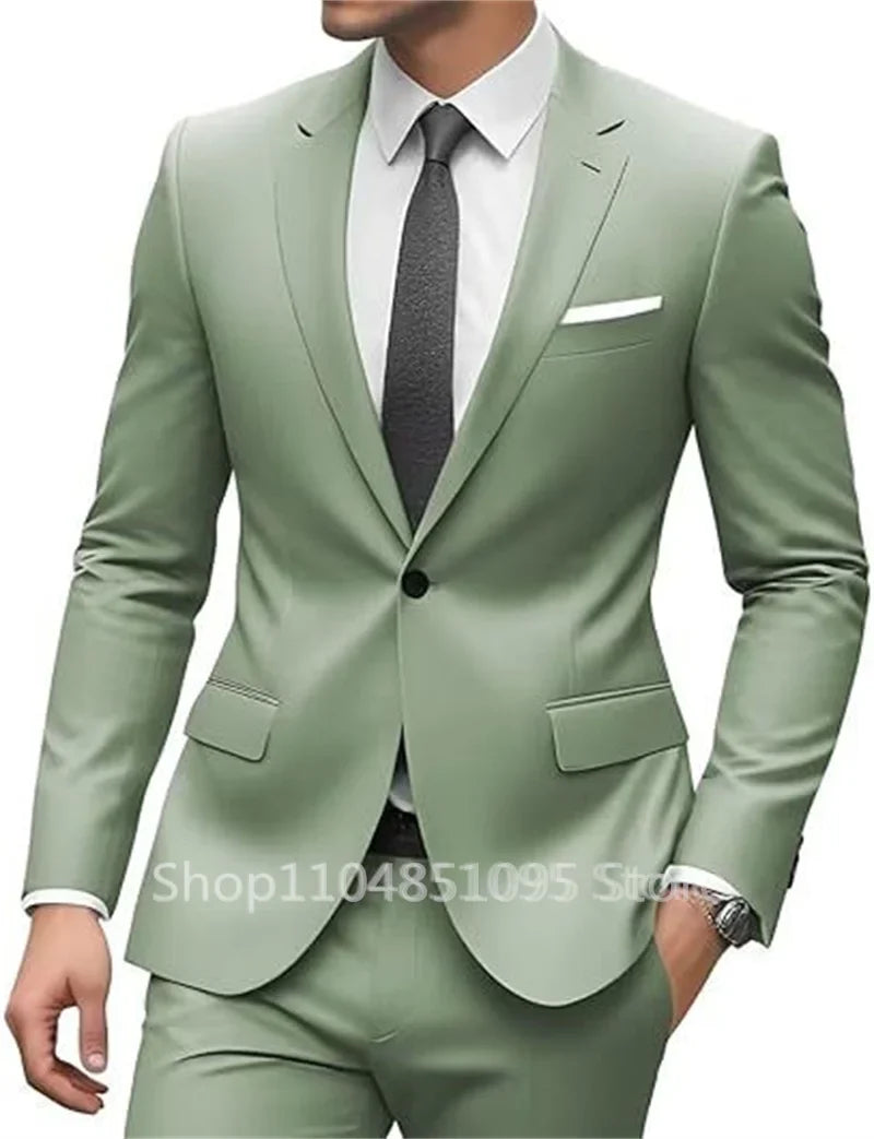 New Solid Slim Fit 2 Piece Wedding Men Suits Groom Tuxedos Formal Suit for Prom Party Busienss Best Man Notch Lapel Blazer Pants