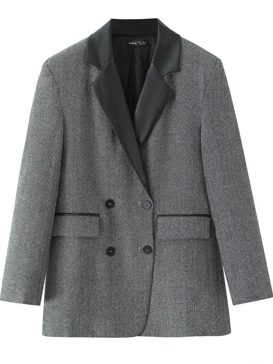 American Retro Color Block PU Leather Collar Double Breasted Suit Jacket Women's High End Loose Casual Western Style Coat