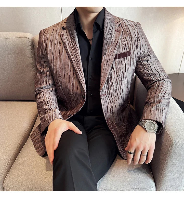 Korean Trend 3D Pleated Suit Jacket for Men Wedding Groom Business Dress Jacket Casual Banquet Party Host Blazer Masculino