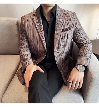 Korean Trend 3D Pleated Suit Jacket for Men Wedding Groom Business Dress Jacket Casual Banquet Party Host Blazer Masculino