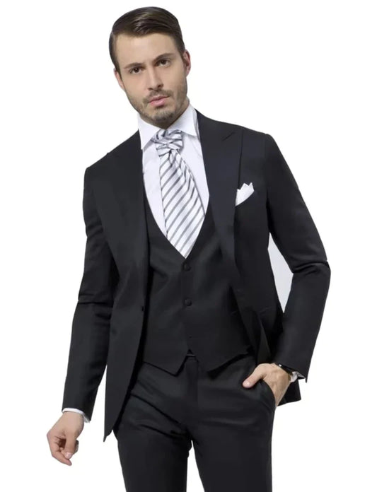 3 Piece Slim Fit Black Men's Peak Lapel Blazer Single Breasted Button Coat  Wedding Men Suits Business Dinner Casual Tuxedos