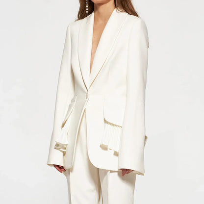 Women Blazer Elegant Turn-down Collar Single Button Patchwork Pleated Hem Slim Fit High-end Chic Coat Spring Autumn HK22596