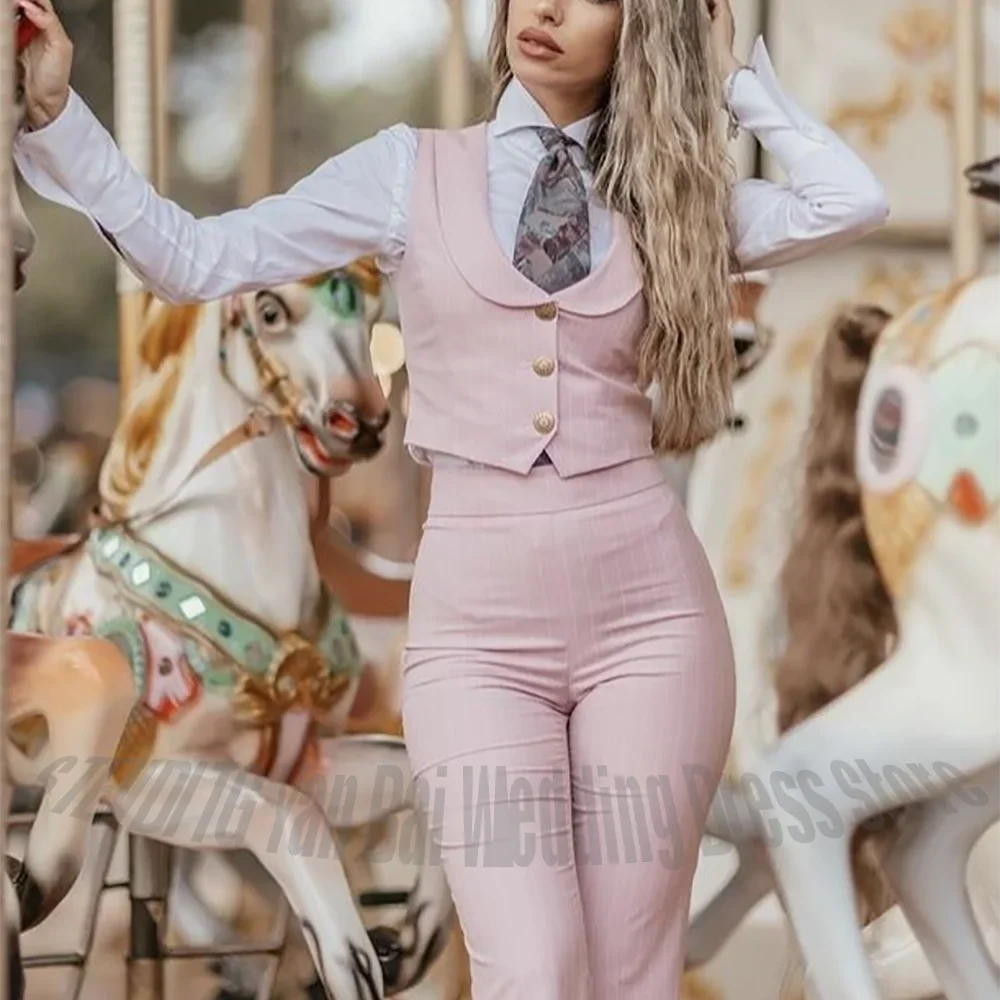 Pink Striped Women's Suit High Quality Fashion Slim Fit Outfit Peaked Lapel Elegant Exquisite Female Clothing Three Pieces