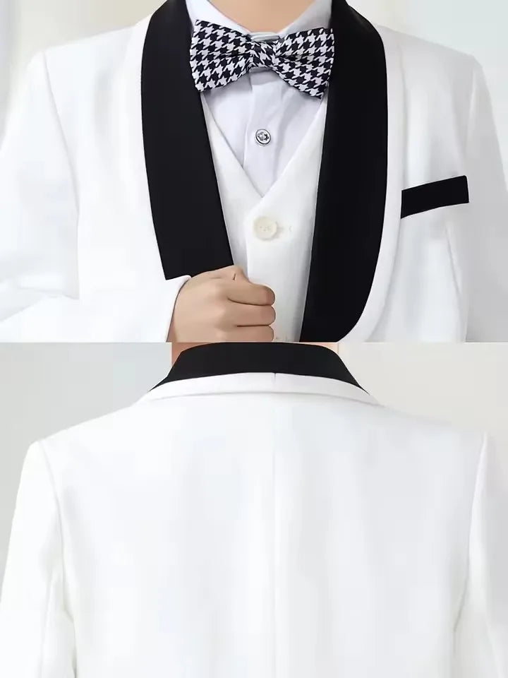 Kids 5Pieces Suit Set With Jacket Vest Pants Bowtie Brooch Boys Birthday Wedding Party Dress Children's Performance Costume