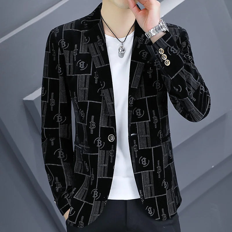 Autumn Luxury Corduroy Suit Jacket for Men Letter Printed Casual Business Men Blazers Slim Fit Social Banquet Party Dress Coats