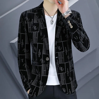 Autumn Luxury Corduroy Suit Jacket for Men Letter Printed Casual Business Men Blazers Slim Fit Social Banquet Party Dress Coats