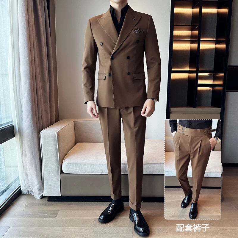 (Blazer + Trousers) Fashion Double Breasted Design Slim Men's Suit Italian Style Luxury Wedding Social Party Tuxedo 2 Piece Set