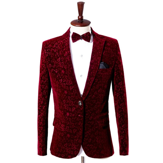 Wine Red Men's Jacquard Suits 2 Pieces Banquet Party Wear Exquisite Elegant Notched Lapel  Suit Set For Men Plus Size S-4XL