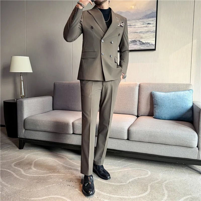 (Jacket + Pants) Fashion Double Breasted Design Slim Men's Suit Italian Style Luxury Wedding Social Party Tuxedo 2 Piece Sets