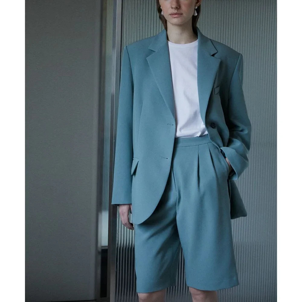 Loose Blue Single Breasted Peaked Lapel Woman Suits 2 Pieces Blazer+Pants Set Formal Party Sets Office Lady Customized Clothing