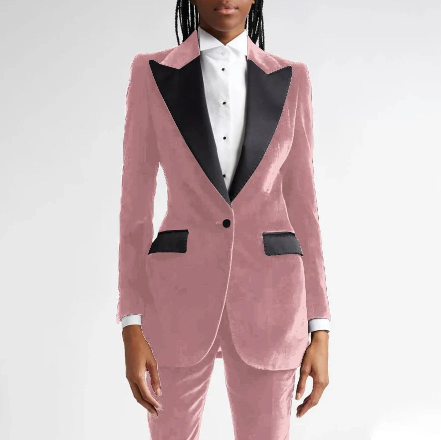 Black Flannel Women Suit Customized Single-grain Buckle Peaked Lapel Two Pieces(Jacket+Pants) Modern Business Office Lady Set
