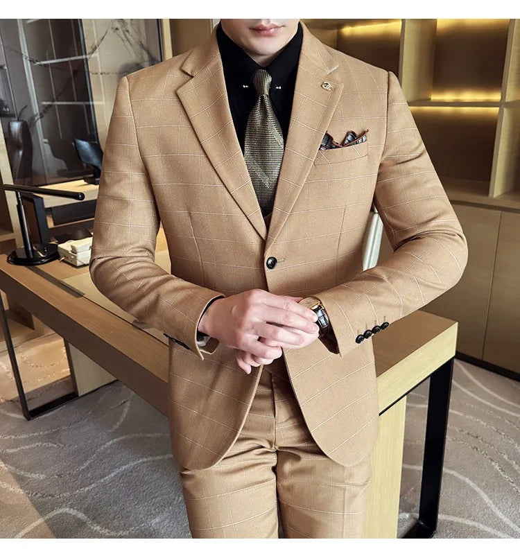 Men's 3-Piece Slim Fit Plaid Suit – Jacket, Vest & Pants for Weddings, Office & Formal Occasions