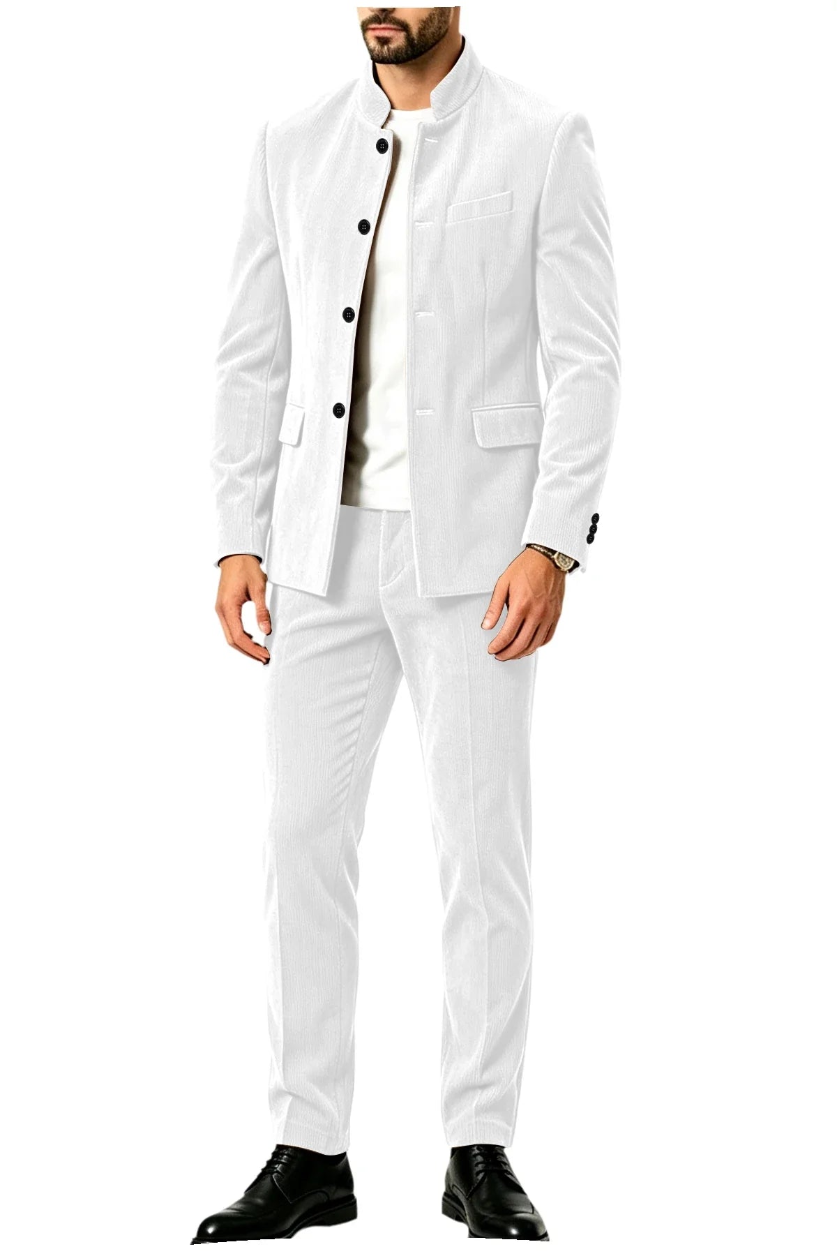 Men's Corduroy 2-Piece Suit – Mandarin Collar Single Breasted Blazer & Pants for Business & Formal Occasions