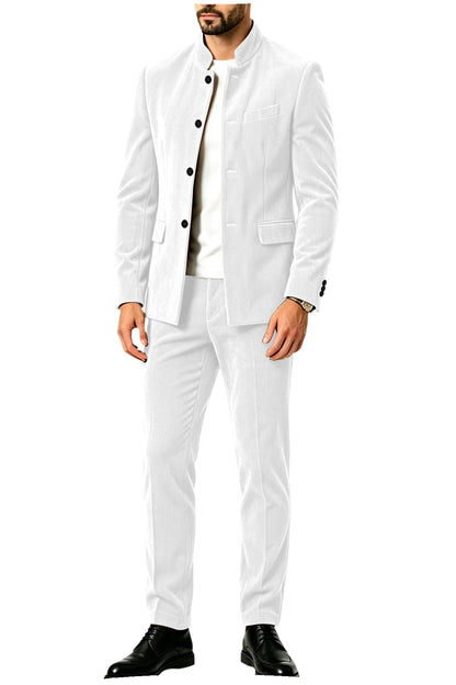 Men's Corduroy 2-Piece Suit – Mandarin Collar Single Breasted Blazer & Pants for Business & Formal Occasions