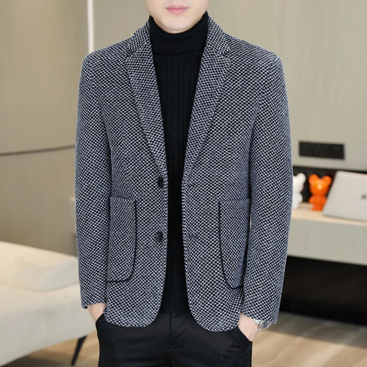 Men's Wool Blend Suit Jacket – Thickened Fleece-Lined Business Blazer for Autumn Winter