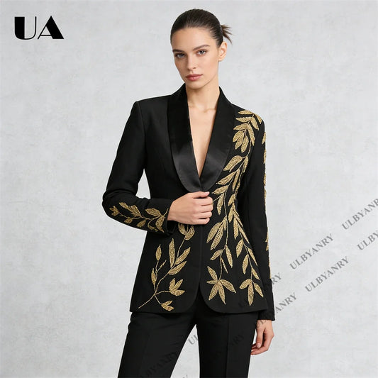 2026 Spring Black Tuxedo Blazer Gold Leaf Embroidery and Satin Lapel for Red Carpet Gala Event Opulent Regal Outfit