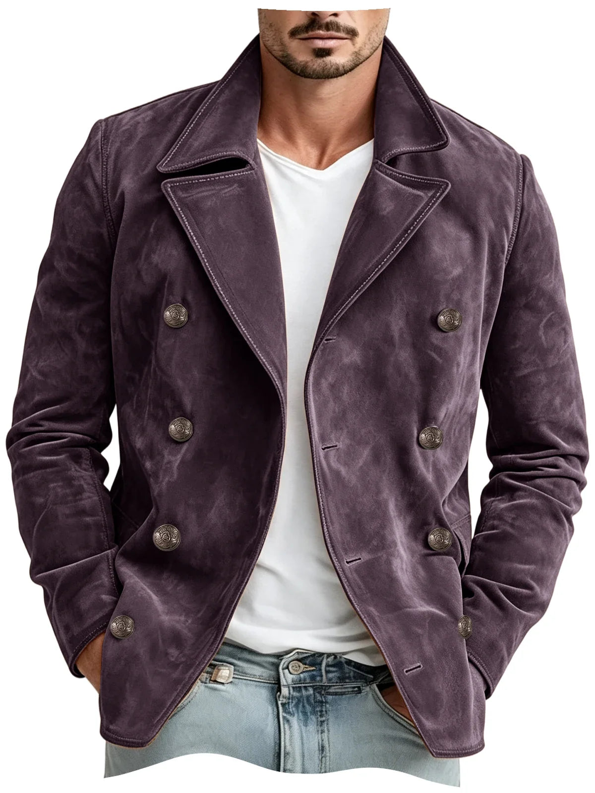 Men Faux Suede Jacket Double Breasted Lapel Collar Casual Blazer Vintage Comfort Business Office Autumn Winter Fashion Male Coat