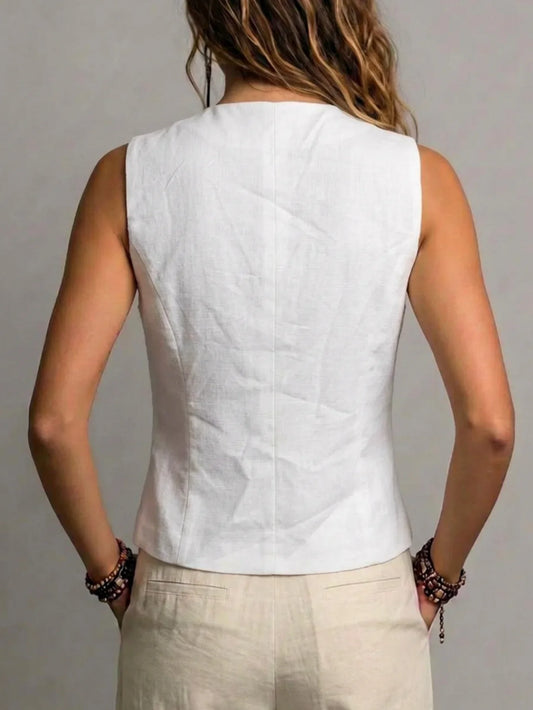 Women's V-Neck Lace Trim Waistcoat Vest, New Arrival for Spring Summer & Autumn, Elegant Versatile Casual Commute Top