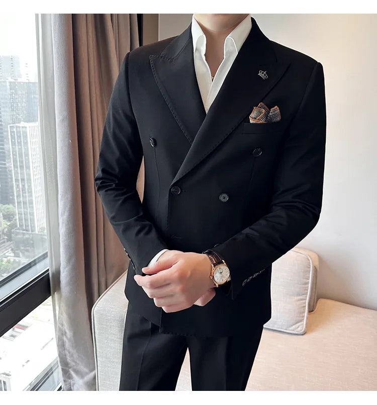 (Blazer + Trousers) Fashion Double Breasted Design Slim Men's Suit Italian Style Luxury Wedding Social Party Tuxedo 2 Piece Set
