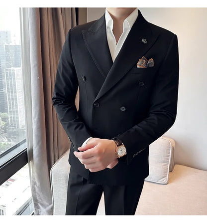 (Blazer + Trousers) Fashion Double Breasted Design Slim Men's Suit Italian Style Luxury Wedding Social Party Tuxedo 2 Piece Set