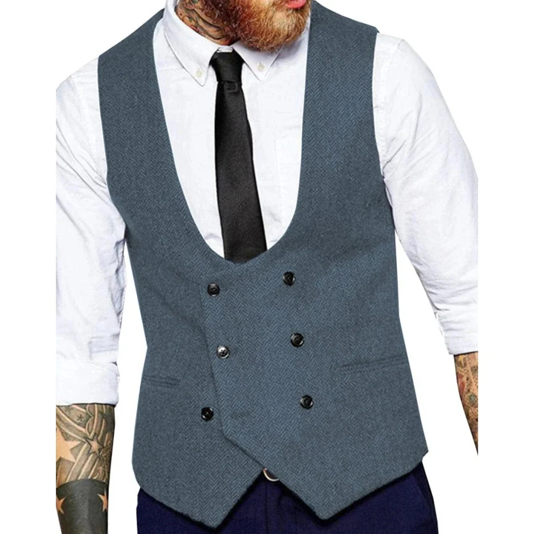 Men's Vest Herringbone Double Button Waistcoat for Weddings & Formal Occasions – Army Green