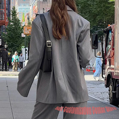 Grey Pinstripe Daily Women's Suit 2Piece(Jacket+Pants) Set Double Breasted Notch Lapel Blazer Casual Streetwear Office Outfit