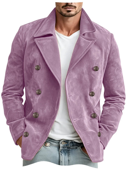 Men Faux Suede Jacket Double Breasted Lapel Collar Casual Blazer Vintage Comfort Business Office Autumn Winter Fashion Male Coat