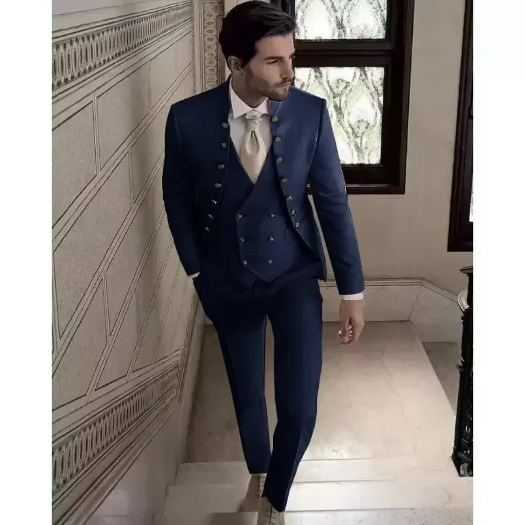 Men's 3 Piece Formal Suit Wedding Groom Tuxedo Khaki Slim Fit Blazer Jacket Pants Vest Set Male Traditional Wedding Attire