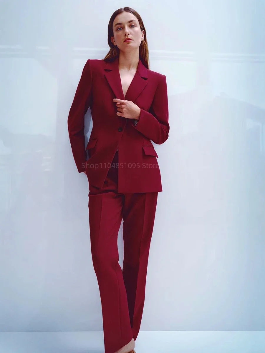 New Red Women's 2 Pieces Suit Lady Business Office Suits Slim Fit Notch Lapel Jacket Womens Tuxedo Casual Suits(Blazer+Pants)