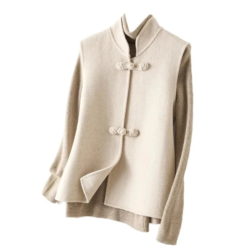 Woolen Vest Women's Standing Neck Button Chinese Style Loose Versatile Thin Wool Vest Outerwear Coat Sleeveless Jacket For Women