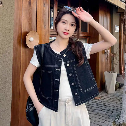 Retro Loose Thin Denim Vest Coat Women's Spring Summer Versatile Casual Sleeveless Jeans Jacket Korean Short Denim Waistcoat