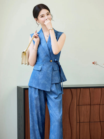 Comfortable 2026 Spring Suit Women's 2 Piece Suit Set Sleeveless Blazer Vest Wide Leg Pants Outfit Casual Office Workwear Dressy