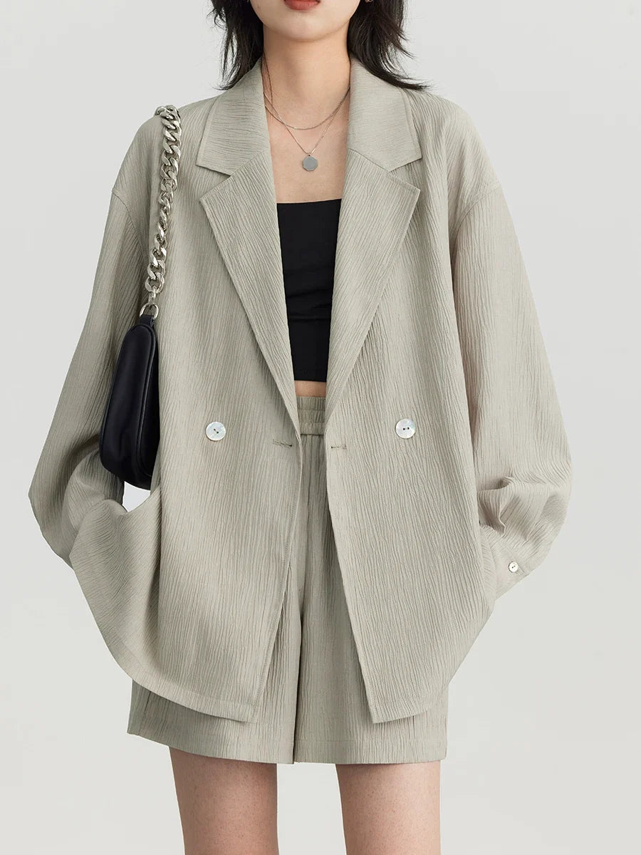 Women's Blazer Solid Casual Long Sleeve Jacket Texture Thin Suit Coat Shorts Office Lady Tops 2023 Summer New Fashion
