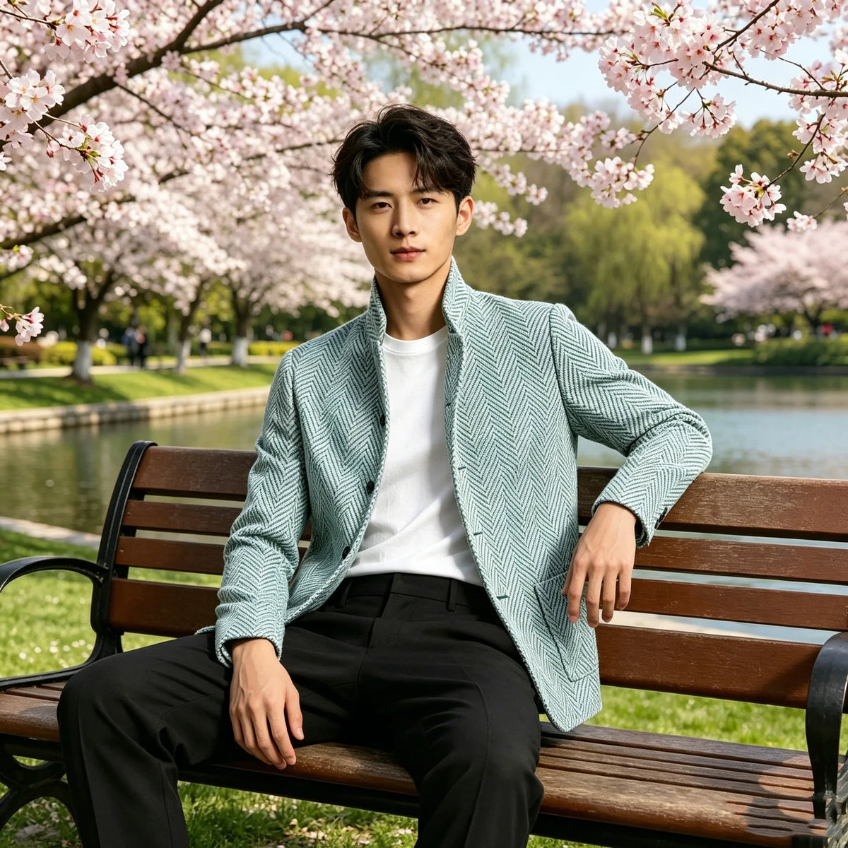 Men's Herringbone Tweed Blazer Stand Collar Slim Fit Business Casual Suit Jacket Spring Daily Commute Lightweight Sport Coat