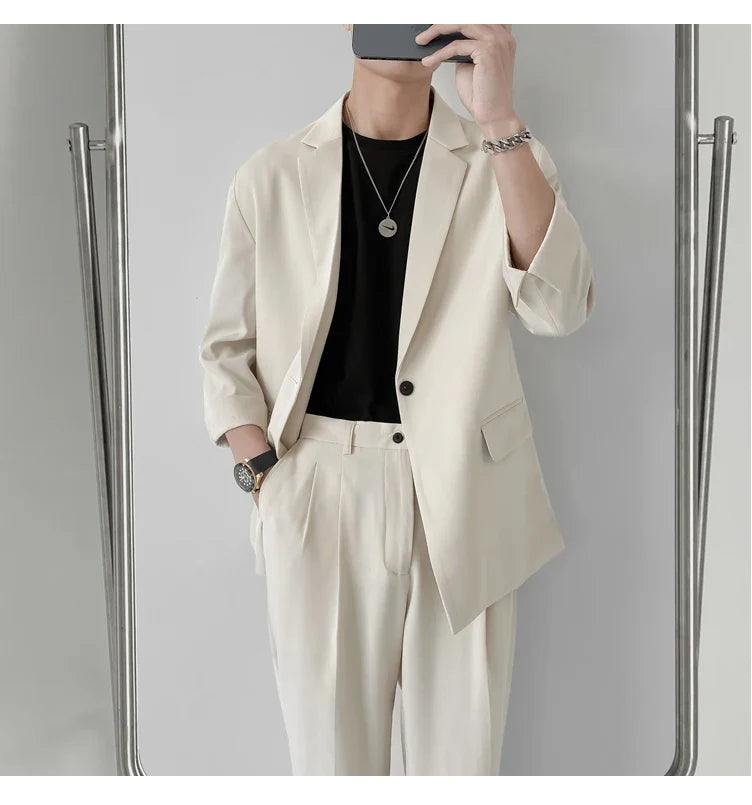 2022 Fashion Summer 2-piece Set Solid Color Single-breasted Casual Simple Student Wear Homme Loose Suits Wear (Blazers + Pants)
