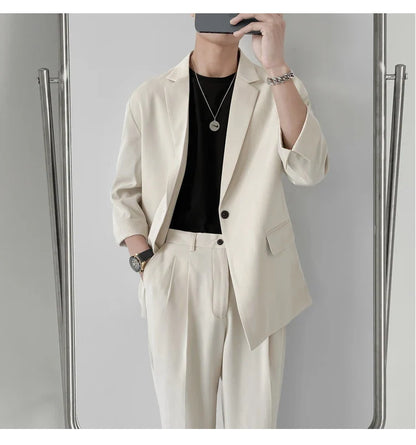 2022 Fashion Summer 2-piece Set Solid Color Single-breasted Casual Simple Student Wear Homme Loose Suits Wear (Blazers + Pants)
