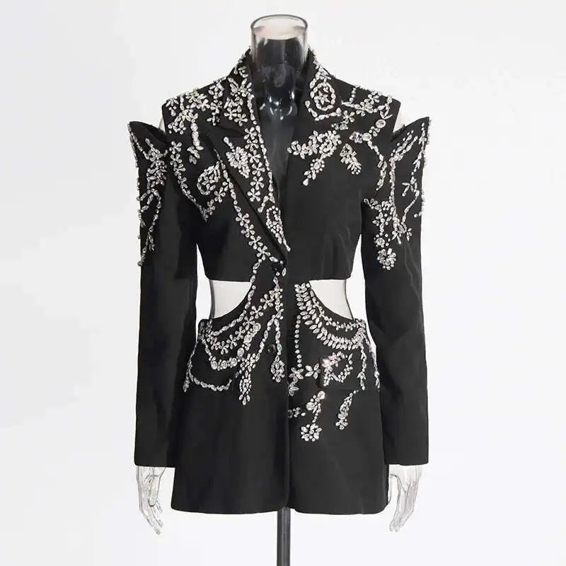 Sexy Stylish Coats 2025 Spring Autumn New Women Diamonds Nail Bead Heavy Waist Exposed High Sense Long Sleeve Blazer HK3760