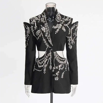 Sexy Stylish Coats 2025 Spring Autumn New Women Diamonds Nail Bead Heavy Waist Exposed High Sense Long Sleeve Blazer HK3760