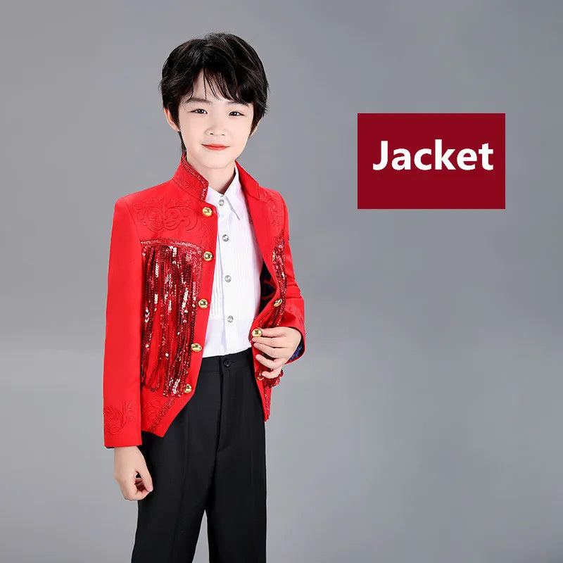 Boys Sequenant 2 Pieces/Set Jacket Pants Embroidery Paino Host Performance Dress Kids Stage Show Photography Suit Children's Set
