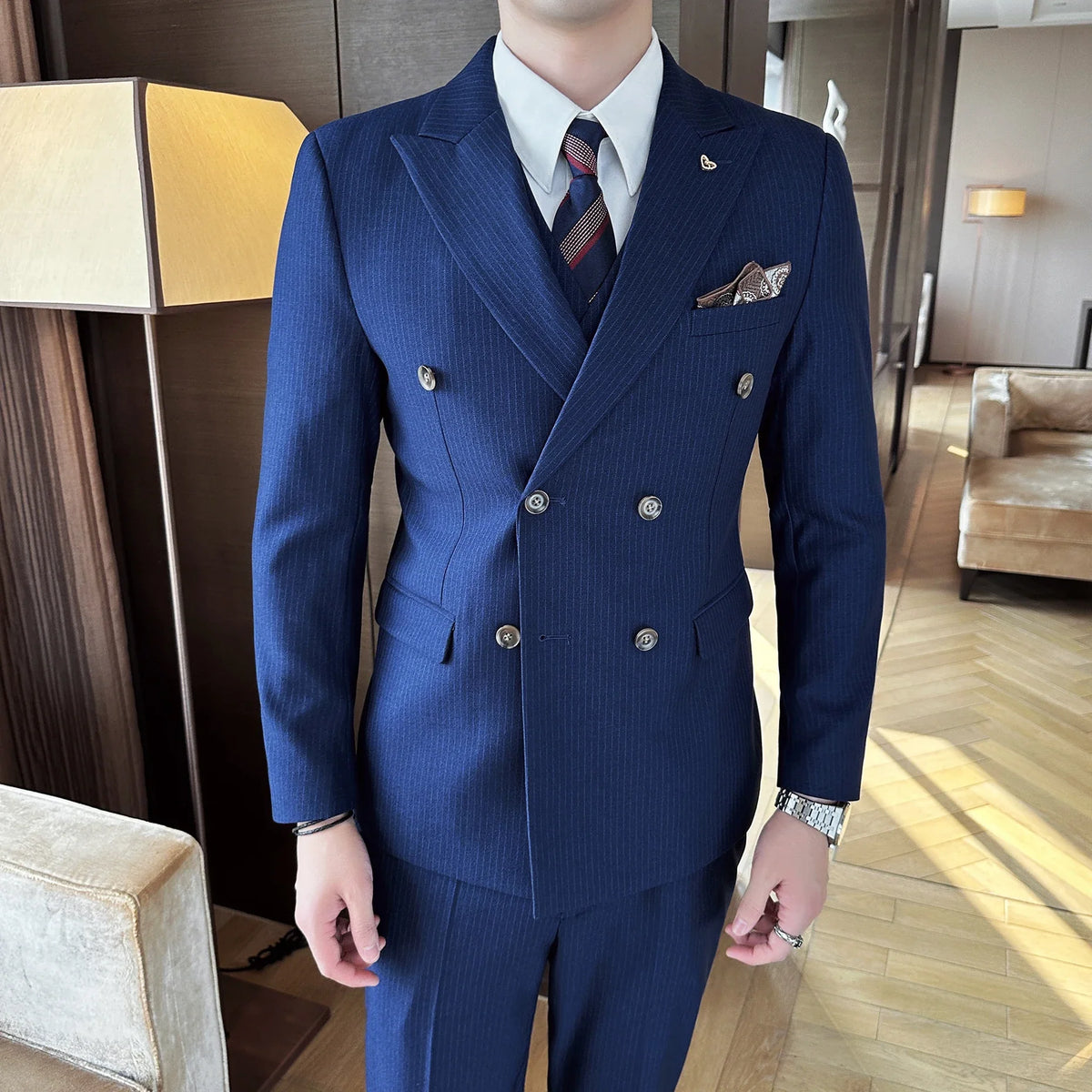 Men's Double Breasted Three Piece Wedding Suit – Slim Fit Smart Casual