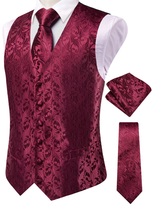 Men's Crimson Double Breasted Vest Necktie Pocket Square Set for Banquet & Formal Occasions