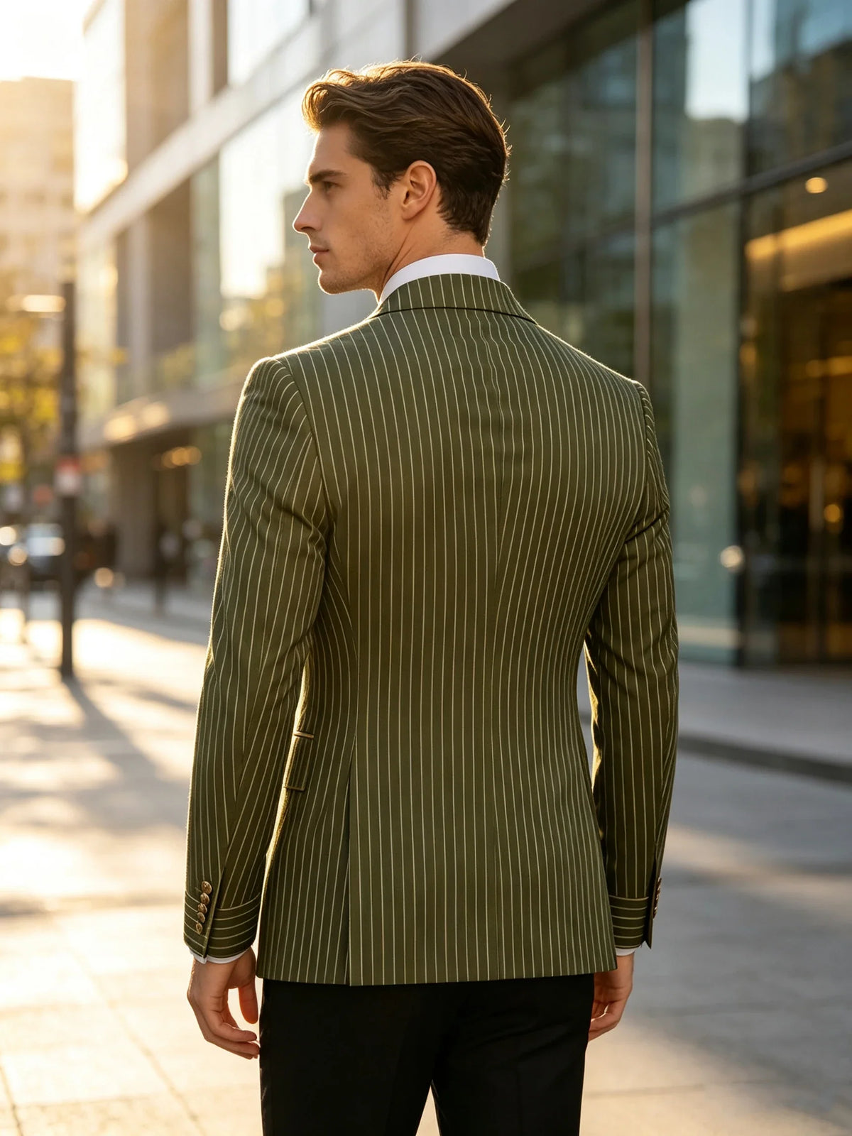 Pinstripe Double Breasted Peak Lapel Mens Suit Jacket Business Slim Fit Gold Trim Striped Coat Formal Wedding Prom Banquet Party