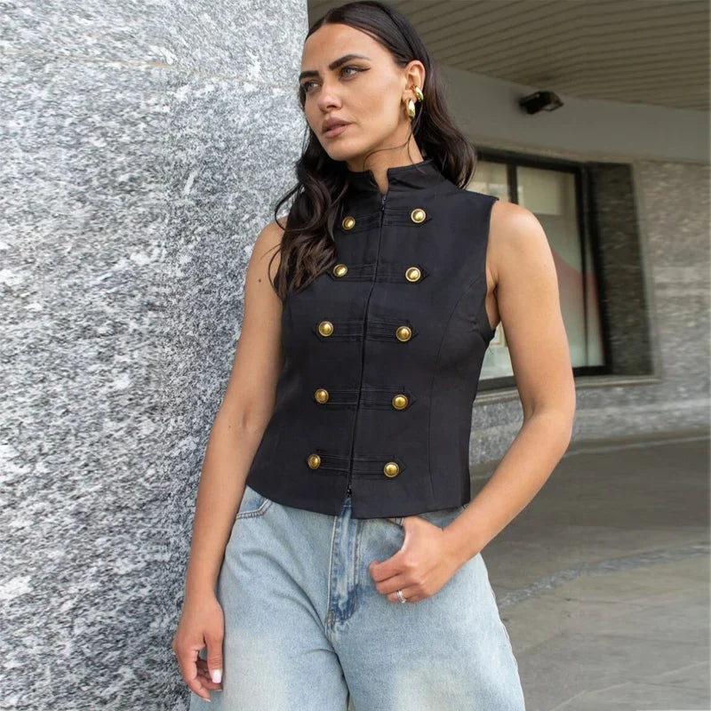 Button Up Vest Tops For Women Sleeveless Office Wear Khaki Crop Black Top Slim Fit Casual Waistcoat Top Zip Up Women’s Tops
