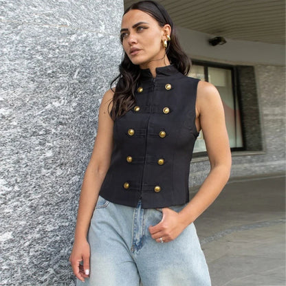 Button Up Vest Tops For Women Sleeveless Office Wear Khaki Crop Black Top Slim Fit Casual Waistcoat Top Zip Up Women’s Tops