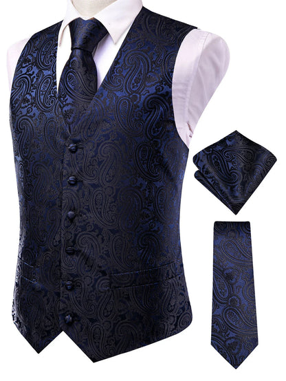 Men's Jacquard Vest 3-Piece Set – Satin Formal Waistcoat with Tie & Pocket Square for Weddings