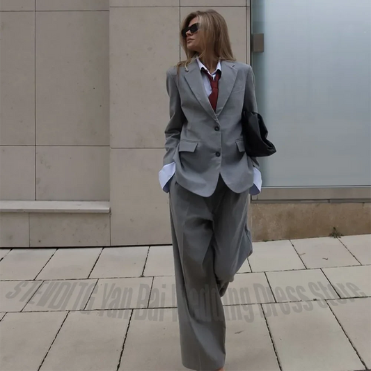 Light Grey Women Suit Set Relaxed Fit Single Breasted Notched Lapel Blazer Wide Leg Pants Two Piece Outfit Casual Daily Wear
